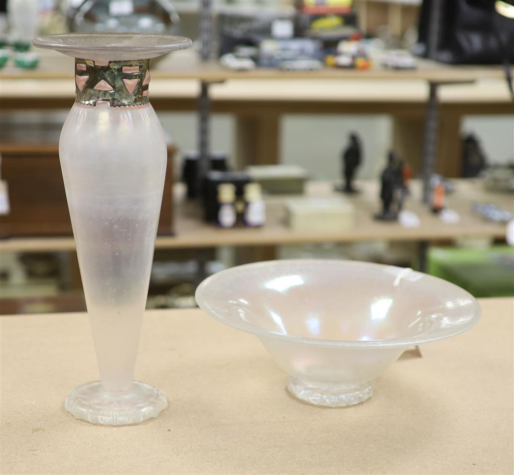 An Anthony Stern lustre glass, a bowl and a vase, a glass floral painted French plaffonier and a marbled glass plaffonier